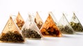 New pyramid tea bags on white background Royalty Free Stock Photo