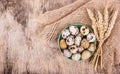 Fresh quail eggs and ears of wheat on wooden board. Organic products.