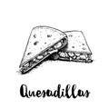 Fresh quesadillas. Hand drawn sketch style illustration. Mexican traditional fast food. Vector drawing.