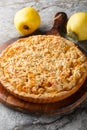 Fresh Quince crumble tart closeup on the wooden board. Vertical