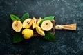 Fresh quince fruits on a wooden board.