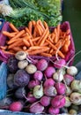 Fresh radish and carrots, farmers market counter. Sale of the harvest of root crops.