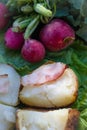 Fresh radish and fried potato with beacon with salad Royalty Free Stock Photo