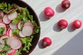 Fresh radish, lettuce and parsley salad in a brown ceramic bowl on a white wooden background Royalty Free Stock Photo