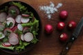 Fresh radish, lettuce and parsley salad in a brown ceramic bowl on a wooden cutboard