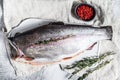 Fresh rainbow trout fish marinated with salt and thyme. Gray background. Top view