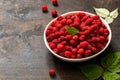 Fresh raspberries in bowl. Ripe juicy fresh raspberries