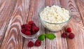 Fresh raspberries and cottage cheese on the wooden kitchen table. Healthy breakfast. Close-up. Copy space Royalty Free Stock Photo