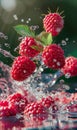 Fresh raspberries falling in water. Vertical layout Royalty Free Stock Photo