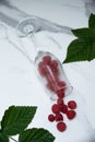 Fresh raspberries in a glass on the table. Healthy and vitamine food