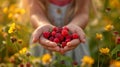 fresh raspberries in the hands of a girl on a summer background Royalty Free Stock Photo