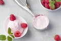 Fresh raspberries with mint and homemade ice cream in a white cup on a light background. Stainless steel spoon for ice cream balls Royalty Free Stock Photo