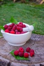 Fresh raspberries in a mortar with a bottle of natural herbal extract or essential oil outdoors. Royalty Free Stock Photo