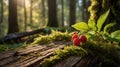 Red Berries on Mossy Log in a Sunny Forest Glade, Beautiful Nature Scene Royalty Free Stock Photo