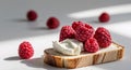 Fresh raspberries on toast with cream cheese. Royalty Free Stock Photo