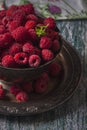 Fresh raspberries in vintage basket, vitamins, healthy food, ve Royalty Free Stock Photo