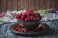 Fresh raspberries in vintage basket, vitamins, healthy food, ve Royalty Free Stock Photo