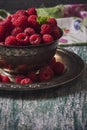Fresh raspberries in vintage basket, vitamins, healthy food, ve Royalty Free Stock Photo