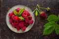 Delicious Fresh raspberries in vintage basket vitamins healthy food vegan ingredients. Selective focus Royalty Free Stock Photo