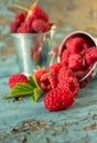 Fresh raspberries in vintage basket vitamins healthy food vegan ingredients. Selective focus Royalty Free Stock Photo