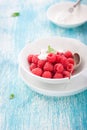 Fresh raspberries in a white ceramic bowl with metal spoon Royalty Free Stock Photo