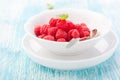 Fresh raspberries in a white ceramic bowl with metal spoon Royalty Free Stock Photo