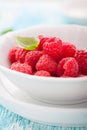 Fresh raspberries in a white ceramic bowl with metal spoon Royalty Free Stock Photo