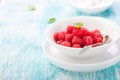 Fresh raspberries in a white ceramic bowl with metal spoon Royalty Free Stock Photo