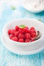 Fresh raspberries in a white ceramic bowl with metal spoon Royalty Free Stock Photo