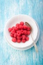 Fresh raspberries in a white ceramic bowl with metal spoon Royalty Free Stock Photo