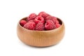 Fresh raspberries in wooden bowl isolated on white background. Red sweet raspberries Royalty Free Stock Photo