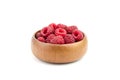 Fresh raspberries in wooden bowl isolated on white background. Red sweet raspberries Royalty Free Stock Photo