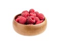 Fresh raspberries in wooden bowl isolated on white background. Red sweet raspberries Royalty Free Stock Photo