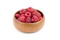 Fresh raspberries in wooden bowl isolated on white background. Red sweet raspberries Royalty Free Stock Photo