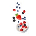 Fresh raspberry, blueberry, blackberry and strawberry berries falling into bowl with yogurt isolated on white Royalty Free Stock Photo