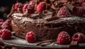 Fresh raspberry brownie slice, chocolate decoration indulgence generated by AI