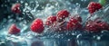 Fresh raspberry falling in water. Splashes around. Dark background. Horizontal layout for web design