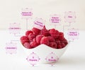 The fresh raspberry fruit with nutrition labels Royalty Free Stock Photo