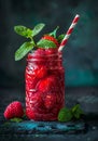 Fresh raspberry smoothie in mason jar with straw against dark background Royalty Free Stock Photo