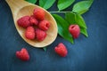 Fresh raspberry on wooden spoon / Top view red ripe raspberries fruit and green leaf Royalty Free Stock Photo