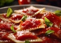 Fresh ravioli with tomato sauce and basil on plate.Macro.AI Generative Royalty Free Stock Photo