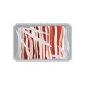 Fresh raw bacon packaging, food plastic tray container with transparent cellophane cover vector Illustration on a white Royalty Free Stock Photo