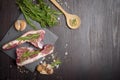 Fresh raw beef and ingredients steak on black stone board over black wooden table