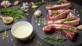 Fresh raw beef and ingredients steak on black stone board over black wooden table