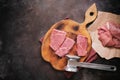 Fresh raw beef meat on a cutting board with a hammer for beating. Top view, flat lay, copy space Royalty Free Stock Photo