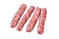 Fresh raw beef meat kebabs sausages. Isolated on white background, Top view. Royalty Free Stock Photo