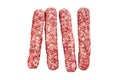 Fresh raw beef meat kebabs sausages. Isolated on white background, Top view. Royalty Free Stock Photo