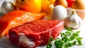 Fresh raw beef with salmon, eggs, garlic, and herbs on a white surface Royalty Free Stock Photo