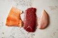 Fresh raw beef steak, chicken breast, and salmon fillet Royalty Free Stock Photo