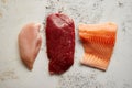 Fresh raw beef steak, chicken breast, and salmon fillet Royalty Free Stock Photo